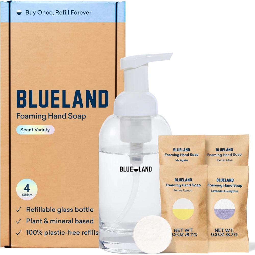 imageBLUELAND Hand Soap Starter Set 1 Refillable Glass Foaming Hand Soap Dispenser in Slate with 4 Refill Tablets Variety Scents 4 x 9 Fl ozOriginal Starter Set  Variety