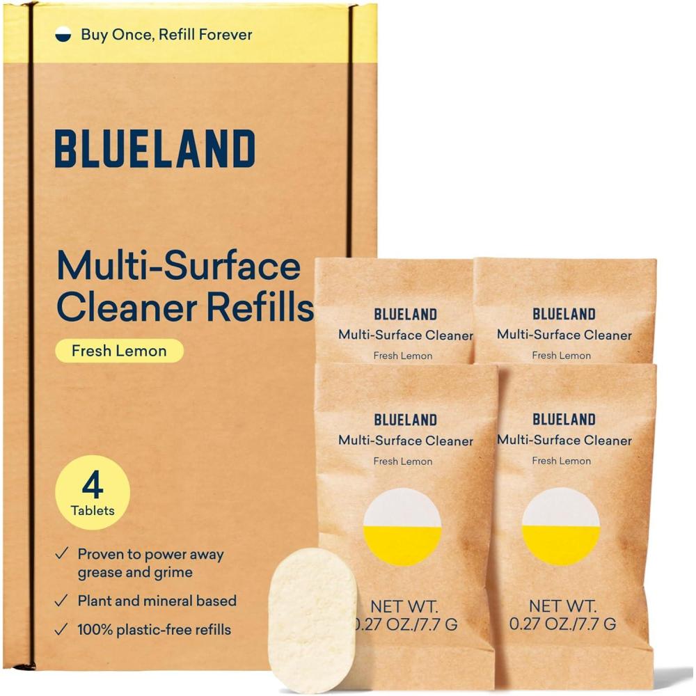 imageBLUELAND Multisurface Cleaner 10 Refill Tablets Fresh Lemon Scent AllPurpose EcoFriendly Cleaning Supplies 10 x 24 Fl oz4 Pack