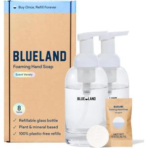 BLUELAND Hand Soap Starter Set, 1 Refillable Glass Foaming Hand Soap Dispenser in Slate with 4 Refill Tablets, Variety Scents, 4 x 9 Fl oz(Original Duo | Variety)