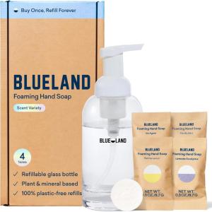 BLUELAND Hand Soap Starter Set, 1 Refillable Glass Foaming Hand Soap Dispenser in Slate with 4 Refill Tablets, Variety Scents, 4 x 9 Fl oz(Original Starter Set | Variety)