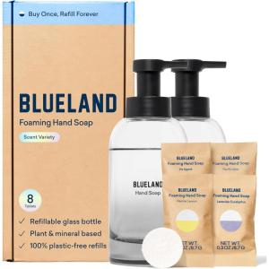 BLUELAND Hand Soap Starter Set, 1 Refillable Glass Foaming Hand Soap Dispenser in Slate with 4 Refill Tablets, Variety Scents, 4 x 9 Fl oz(Slate Duo | Variety)