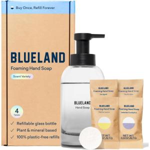 BLUELAND Hand Soap Starter Set, 1 Refillable Glass Foaming Hand Soap Dispenser in Slate with 4 Refill Tablets, Variety Scents, 4 x 9 Fl oz(Slate Starter Set | Variety)