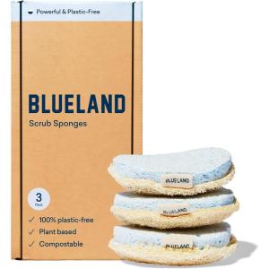 BLUELAND Scrub Sponge, 3-Pack, Dual-Sided Dish Loofah, Plastic-Free, Plant-Based Kitchen Scrubbing Non-Scratch
