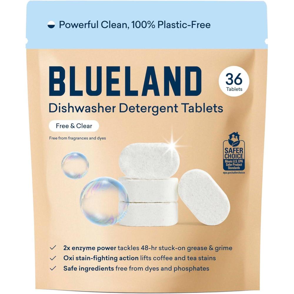 imageBLUELAND 100 PlasticFree Dishwasher Detergent Tablets 36 Count Lemon Zest Scent Eco Friendly Dishwashing Pods Natural USDA Certified biobasedFragrance Free