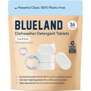 BLUELAND 100% Plastic-Free Dishwasher Detergent Tablets, 36 Count, Lemon Zest Scent, Eco Friendly Dishwashing Pods, Natural, USDA Certified biobased(Fragrance Free)
