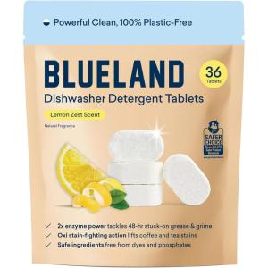 BLUELAND 100% Plastic-Free Dishwasher Detergent Tablets, 36 Count, Lemon Zest Scent, Eco Friendly Dishwashing Pods, Natural, USDA Certified biobased(Lemon Zest)